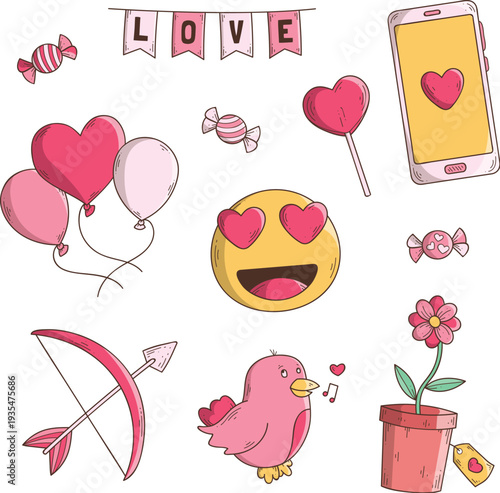 Heart shaped cherries and romantic mail icons for holiday branding vector