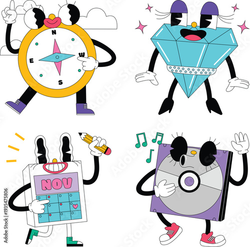 Retro cartoon character set with compass and diamond mascot vector
