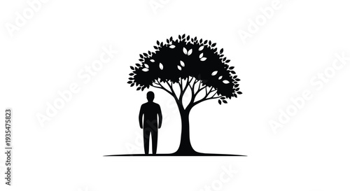 A large tree stands beside a person depicted as a striking silhouette