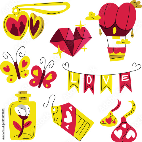 Romantic hand drawn elements for February fourteenth holiday card design vector