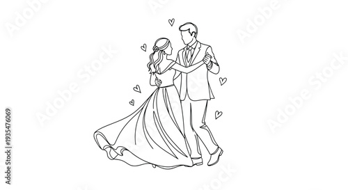 Couple dancing closely adorned with hearts a romantic black outline silhouette