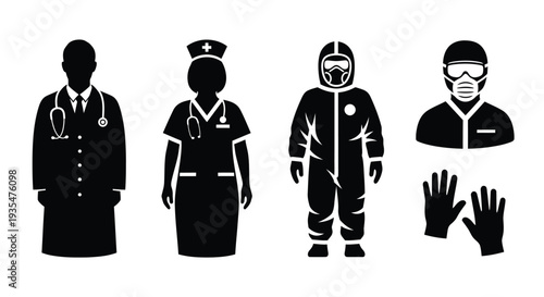 Four medical professionals in black silhouettes representing various healthcare roles