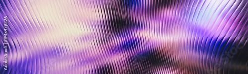 Abstract metallic wavy ribbed gradient background in purple violet and blue tones with glossy luminous flowing lines