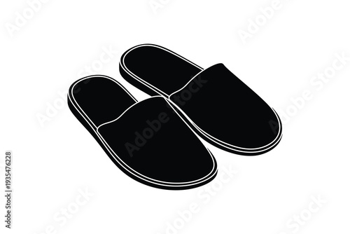 A pair of black slip-on slippers with a soft and comfortable design. Vector