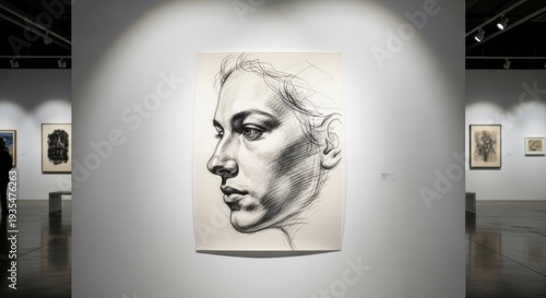 A detailed portrait of a woman's face, drawn with fine lines and shading, hanging on a white wall in an art gallery.