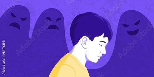 Depressed scared child mocked by imaginary monsters