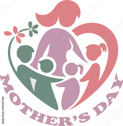 Cute pink baby girl shower invitation card with cartoon mother and child illustration and floral design