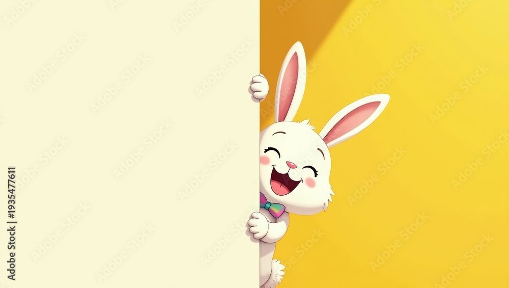 Obraz premium Happy Cartoon White Bunny Wearing Rainbow Bow Tie Peeking Behind Blank White Banner with Copy Space on Vibrant Yellow Background