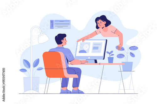 A minimalist vector illustration of two coworkers collaborating at a desk with a computer and plants in a modern office setting.