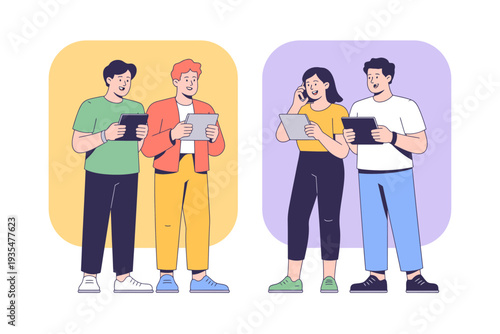 A group of diverse young adults using digital devices in a modern and colorful vector illustration
