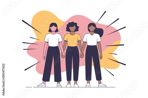 A vibrant illustration of three diverse women standing together in a modern and colorful design