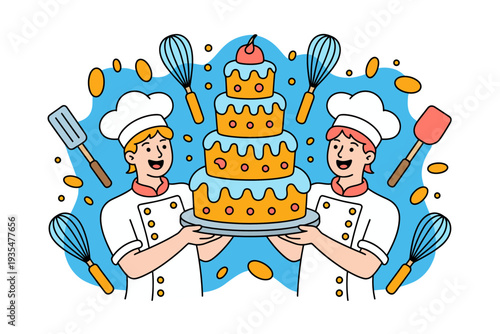 Two chefs holding a large cake surrounded by baking utensils and ingredients in a colorful vector illustration