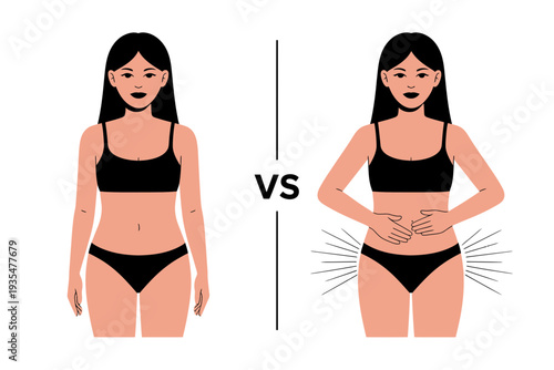 A vector graphic illustration comparing a woman's body before and after weight gain with a visual representation of bloating and fat accumulation