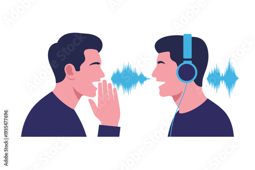 A minimalist vector illustration of two men communicating with each other, one whispering and the other wearing headphones