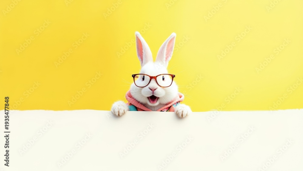 Obraz premium Happy White Easter Bunny Wearing Colorful Polka Dot Bow Tie Peeking Over Blank Horizontal Banner with Copy Space on Vibrant Yellow Background