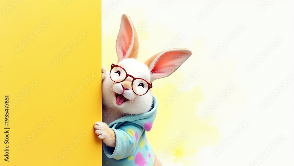 Obraz premium Happy White Bunny Character Wearing Glasses and Polka Dot Jacket Peeking Behind Yellow Wall Mockup with Copy Space on Soft Beige Background