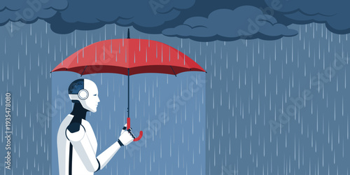 Robot holding an umbrella and protecting itself from the rain