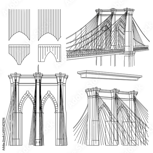 Technical architectural drawings and sketches of bridge parts