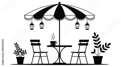 Outdoor cafe terrace silhouette with coffee table chairs and striped umbrella vector design.