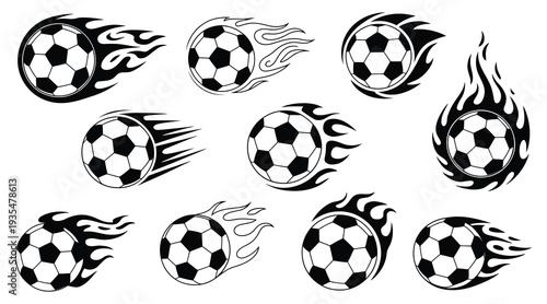 Soccer fireball icon set featuring flaming football silhouettes for sports motion design.