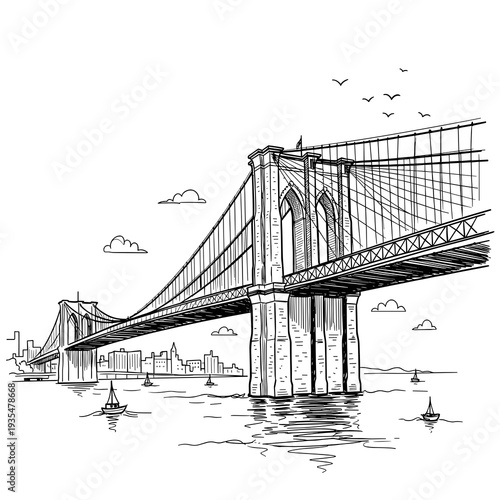 Dynamic sketch of a bridge spanning over water with waves