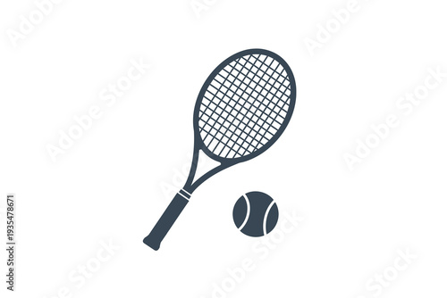 A black and white illustration of a tennis racket and ball on a plain background Vector