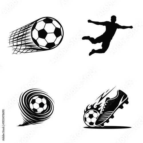 Soccer action silhouette icons with ball, player and football boot