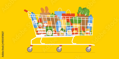 Extra large supermarket shopping cart filled with groceries