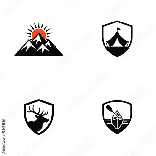 Outdoor adventure badge logo set with mountain, camping, deer and kayak