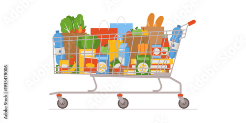 Extra large supermarket shopping cart filled with groceries