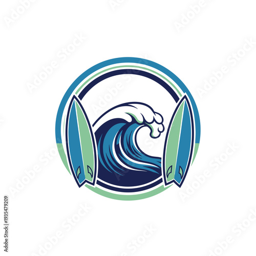 Circular surf logo with waves and surfboards in blue and green
