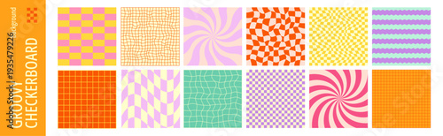 Retro Y2K 90s Groovy Checker Grid Square Checkerboard Pattern Background. Seamless Funky Vector Abstract Design. Blue Orange Red Print. Vintage Aesthetic Tile Set. Wavy Funky Checker Grid Pattern Kit.