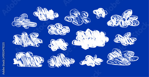 Pastel crayon cloud sketch with rough hand drawn charm. Blue sky shape in cute doodle style. Ideal for kids artwork, weather icons, and whimsical illustrations with soft chalk texture.
