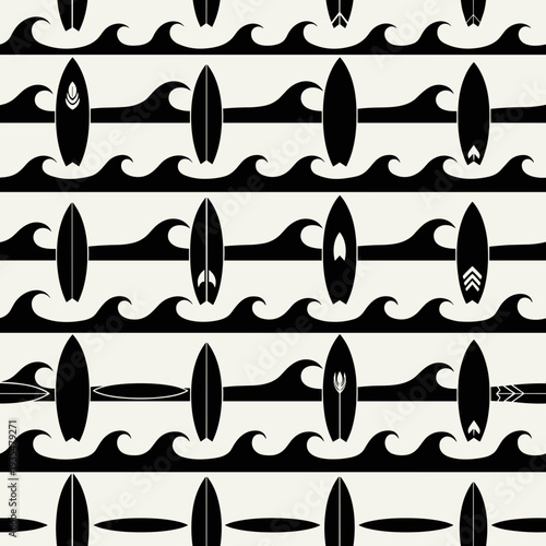 Black and white pattern of surfboards and ocean waves