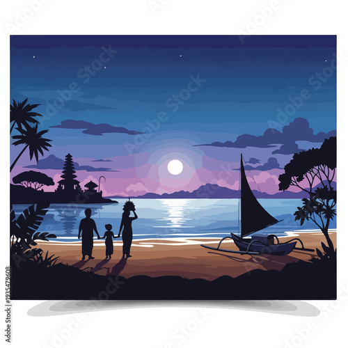 Family Standing on Beach at Sunset.