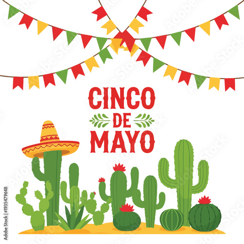 Vibrant Cinco de Mayo celebration graphic with colorful party garlands, cacti, and a sombrero against a clean white background.