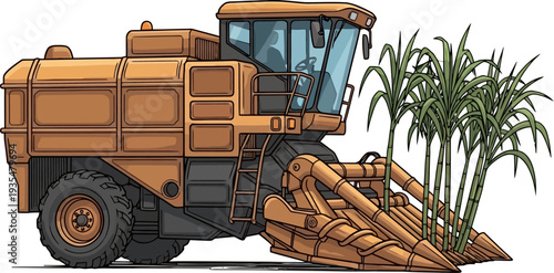 Industrial sugarcane harvester working in agricultural fields