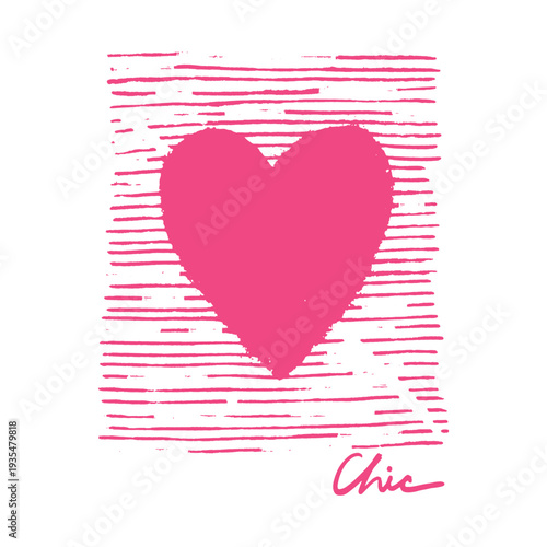 Hand-Drawn Pink Heart with Chic Typography on Grunge Striped Background.