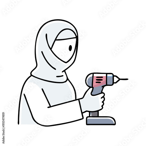 Muslim woman using a drill while wearing a hijab at home concept of home repair  