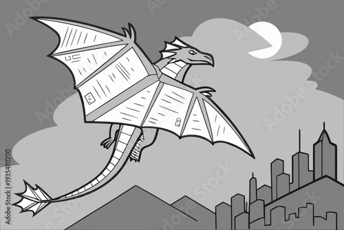 Dragon flying over cityscape under moonlight with clouds