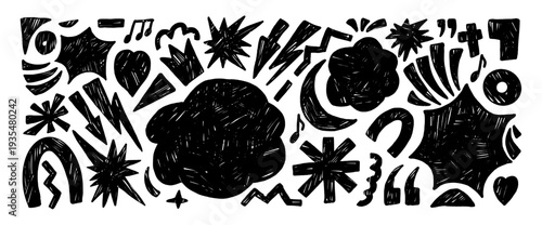 Text boxes doodle background. Geometric and organic abstract figures hand drawn charcoal scribbles set. Music note, lightning, heart stickers. Vector graphic illustration isolated no background.