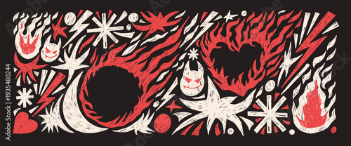 Handmade brush fire punk rock doodles. Crayon grunge texture flames frame text boxes set. Doodle fireball and burned heart icons. Crayon stickers collage. Vector naive simple scribble elements bg.