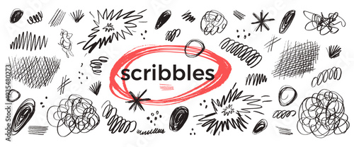 Naive abstract charcoal pencil doodles. Irregular forms scribble set with messy pencil textures, uneven brushstrokes. Hand-drawn lines, grids, spontaneous expressive element. Vector squiggle set.