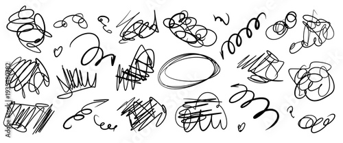 Hand-drawn messy black pen abstract doodles. Scribbles, naive expressive scratches set. Text highlight lines, circles, spontaneously underlines and scrawls. Vector pencil brush scratches isolated.