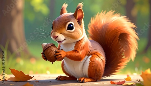 Cartoon squirrel holds acorn in paws, fluffy tail. Leaves on path with blurred woods in the background