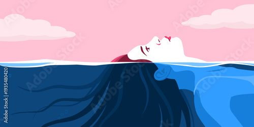 Woman floating on her back in the ocean and thinking