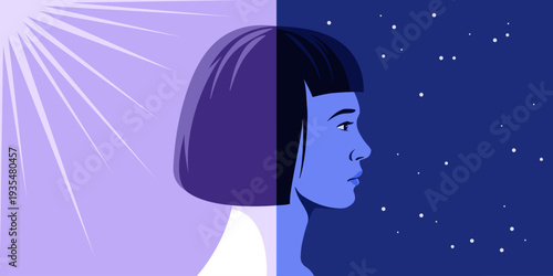 Woman splitting between day and night: mood swings concept