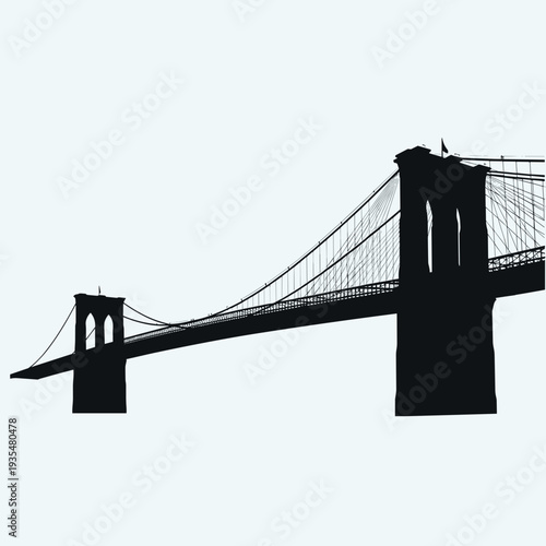 Side view of a large suspension bridge silhouette against white