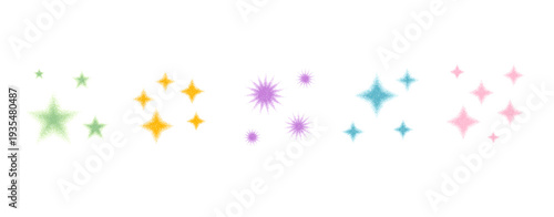 Y2k grain colorful gradient stars. Blinks with stippled green texture. Sparkling grainy gradation effects dynamic graphic design with spray-painted aesthetic noise overlay. Vector set on white.