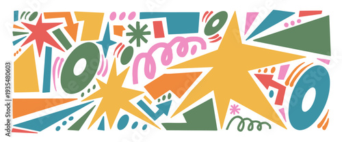 Colorful stars, geometric figures. Playful Y2K paper collage with sparkles, arrows, squiggles and doodles. Perfect for funky graphic projects illustration. Vector hand drawn set isolated no bg.